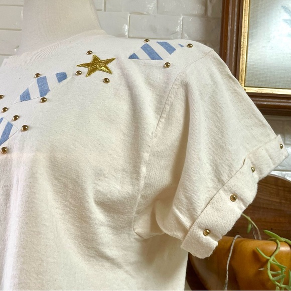 Vintage 1990s Nautical Striped + Stars Patchwork Studded Cropped T-Shirt - Picture 6 of 15